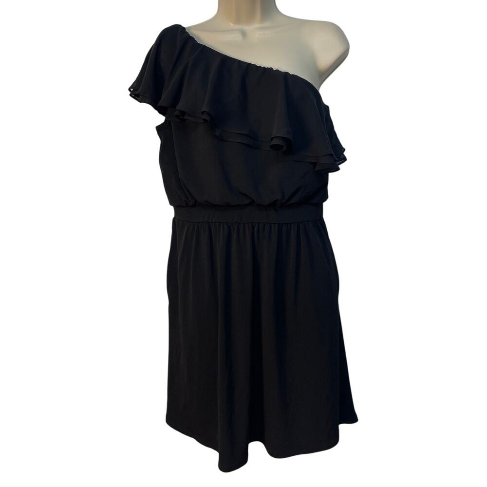 White House Black Market Black One-Shoulder Ruffle Dress Above the Knee Size 12‎